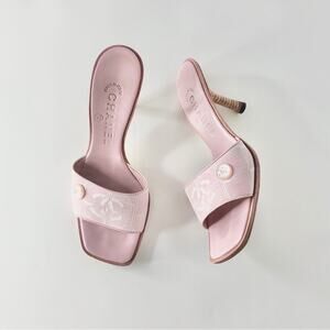 Vintage Chanel Interlocking CC Satin Print Slip On Slides Mules Sandals 36